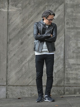 「ワッフル」｜「アイテム（ライダースジャケット）」を使った、kobaさん（メンズ・175cm）の秋コーディネート