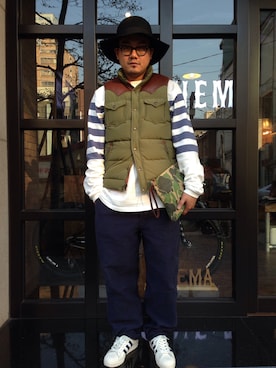 「PENFIELD USA（ペンフィールドユーエスエー）のアイテム（ダウンベスト）」を使った、GUMOさん（メンズ・172cm）の冬コーディネート