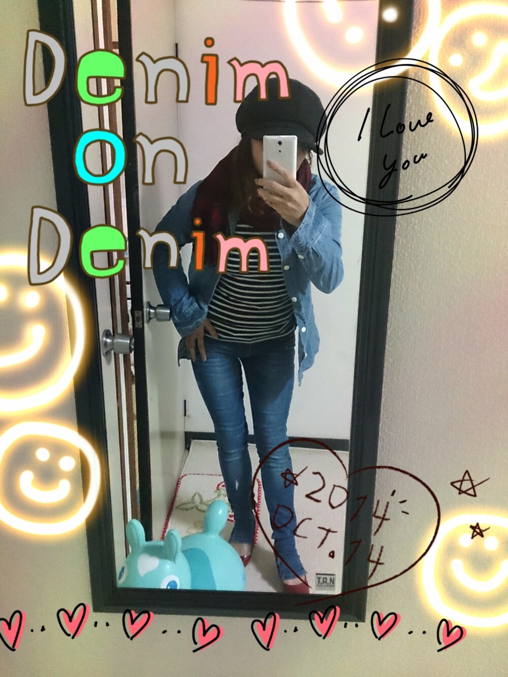 「デニム オン デニム、ストール、キャスケット、ダンガリーシャツ」｜「BACK NUMBERのダンガリーシャツ（シャツ/ブラウス、ブルー系）」を使った、あきさん（レディース・150cm）の秋コーディネートの1枚目の写真