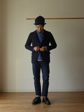 「インディゴデニム」｜comoda上西猛夫さん（メンズ・168cm）の冬コーディネート