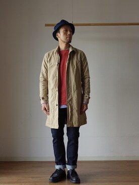 「MANUAL ALPHABET（マニュアル アルファベット）のアイテム（ステンカラーコート）」を使った、comoda上西猛夫さん（メンズ・168cm）の秋コーディネート