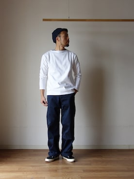 「LOLO（ロロ）のアイテム」を使った、comoda上西猛夫さん（メンズ・168cm）の冬コーディネート