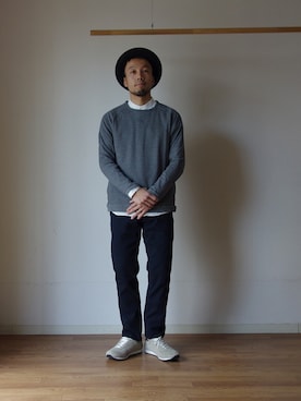 「スウェット×シャツ」｜comoda上西猛夫さん（メンズ・168cm）の冬コーディネート