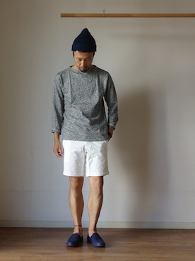 「SAINT JAMES（セントジェームス）のアイテム（トップス）」を使った、comoda上西猛夫さん（メンズ・168cm）の夏コーディネート