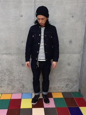 「A BATHING APE（アベイシングエイプ）のアイテム（デニムジャケット）」を使った、奥村浩紀さん（メンズ・165cm）の冬コーディネート