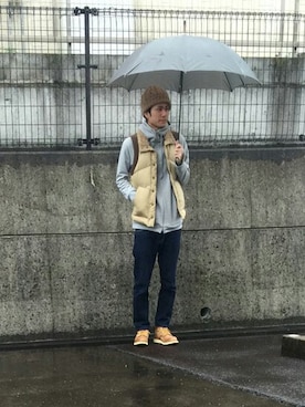 「アイテム（ダウンベスト、ブラウン系）」を使った、ジュニアさん（メンズ・177cm）の冬コーディネート