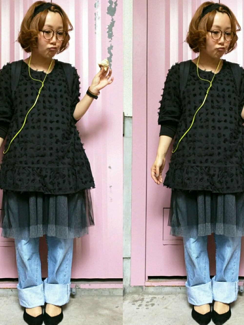 「ラフ、パンツスタイル、ワイドパンツ、パンプス、カジュアル、古着MIX、通勤コーデ」｜「no brandのアイテム（Tシャツ/カットソー、ブルー系）」を使った、たぴおか*さん（レディース・150cm）の春コーディネートの1枚目の写真