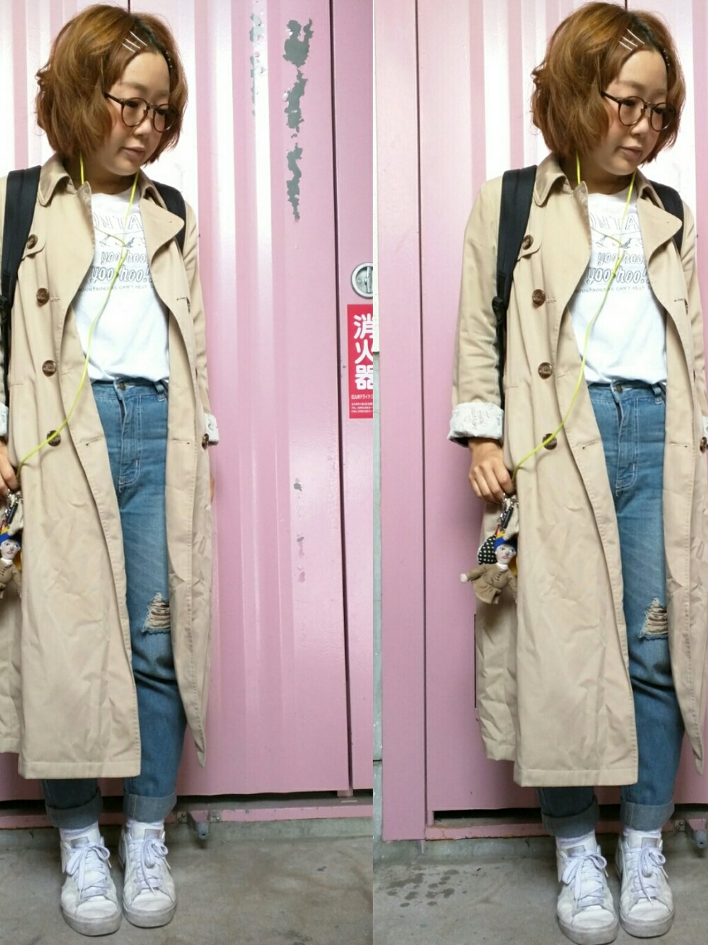 「大人カジュアル、シンプル、ラフ、カジュアル、春コーデ、ロゴT、ダメージデニムパンツ、通勤コーデ、しまむら」｜「AS KNOW AS PINKYのアイテム（ジャケット/アウター、ベージュ系）」を使った、たぴおか*さん（レディース・150cm）の春コーディネートの1枚目の写真