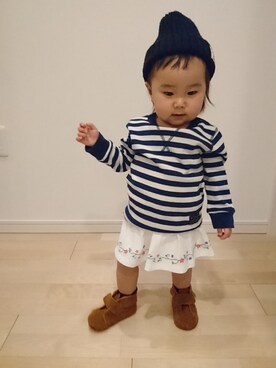 「西松屋（ニシマツヤ）のアイテム（スカート、ホワイト系）」を使った、Natsuさん（キッズ・90cm）の冬コーディネート
