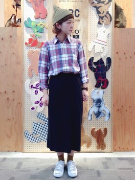 「coen（コーエン）のビエラチェックボタンダウンシャツ（シャツ/ブラウス、ブルー系）」を使った、coen  徳田丸さん（レディース・162cm）の夏コーディネート