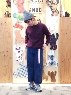 「coen（コーエン）のアスレティッククルーネックスウェット（スウェット、パープル系）」を使った、coen  徳田丸さん（レディース・162cm）の秋コーディネート