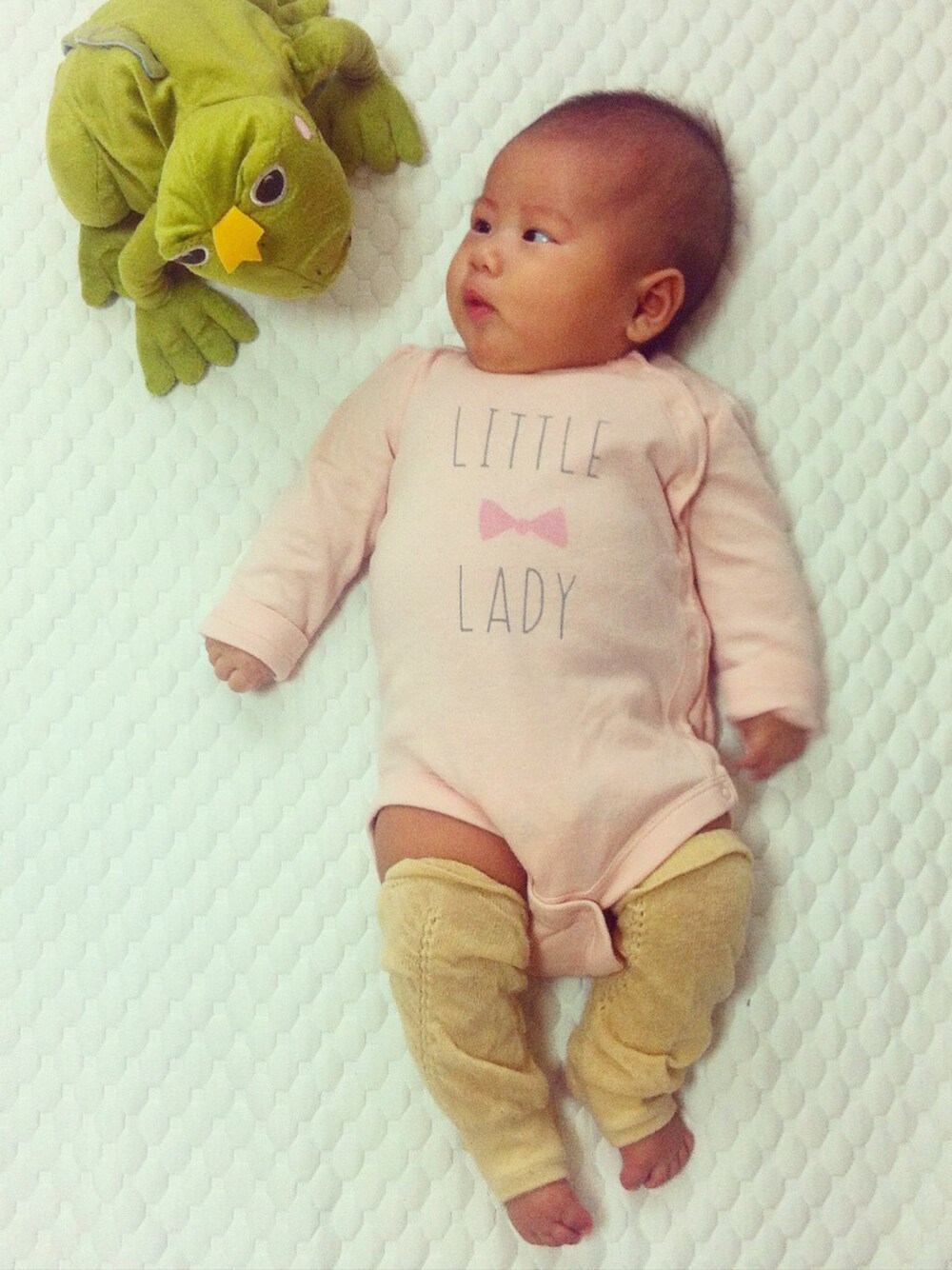 「生後2ヶ月、6月生まれ、babygap」｜「babyGAPのアイテム（ロンパース、ピンク系）」を使った、コンちさん（キッズ・60cm）の秋コーディネートの1枚目の写真