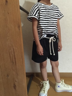 「green label relaxing（グリーンレーベルリラクシング）のマリン ショートパンツ（その他パンツ、ブラック系）」を使った、ぎんさん（キッズ・110cm）の夏コーディネート