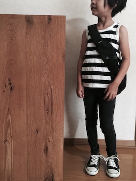 「無印良品（ムジルシリョウヒン）のアイテム（Tシャツ/カットソー、ブラック系）」を使った、ぎんさん（キッズ・110cm）の夏コーディネート