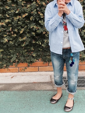 「ZARA（ザラ）のアイテム（シャツ/ブラウス、ブルー系）」を使った、ぎんさん（キッズ・110cm）の秋コーディネート