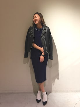 「ニットセットアップ」｜「アイテム（ライダースジャケット）」を使った、河原井美幸さん（レディース・163cm）の冬コーディネート