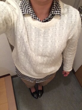 「UNIQLO（ユニクロ）のWOMEN フランネルチェックシャツ（長袖）09・16・69（シャツ/ブラウス、ブラック系）」を使った、ぷぅさん（レディース・154cm）の秋コーディネート