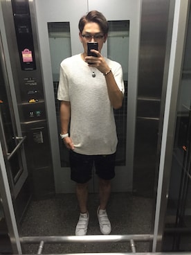 「GU（ジーユー）のアイテム（ニット/セーター、ホワイト系）」を使った、Taigaさん（メンズ・180cm）の夏コーディネート