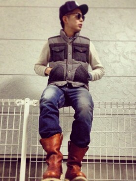 「nisushotel（ダウンジャケット/コート、グレー系）」を使った、ノブさん（メンズ・173cm）の春コーディネート