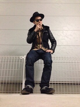 「Schott N.Y.C（ショット）のアイテム（ライダースジャケット、ブラック系）」を使った、ノブさん（メンズ・173cm）の春コーディネート