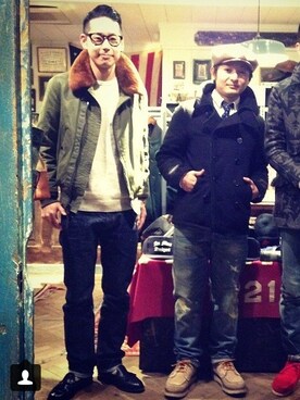 「Schott N.Y.C（ショット）のアイテム（ブルゾン、グリーン系）」を使った、ノブさん（メンズ・173cm）の春コーディネート