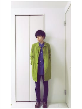 「アイテム（ステンカラーコート、グリーン系）」を使った、うっちさん（メンズ・171cm）の冬コーディネート