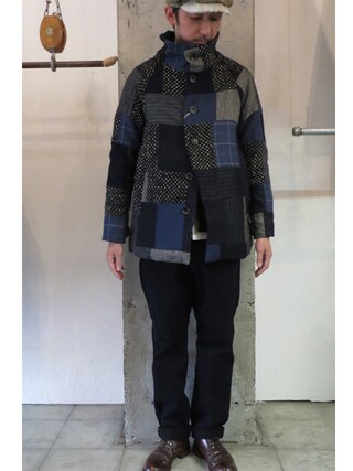SuKiMa使用「susuri（FUNSET OF ART ファンセットオブアート　ウールNORAGIパッチワークMAOコート　#ネイビーMIX　【送料無料】）」的時尚穿搭