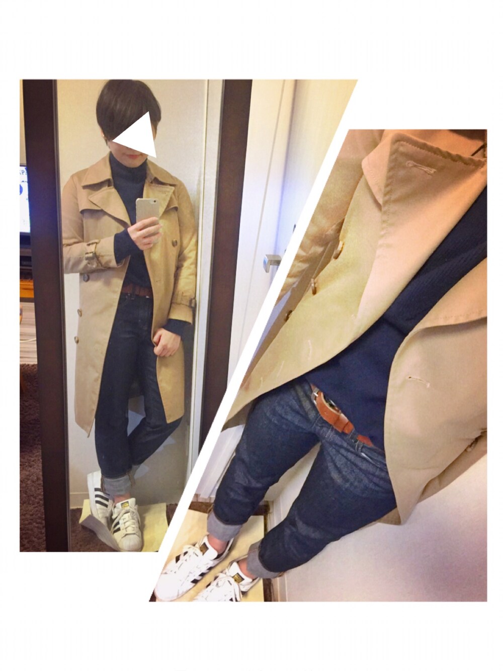 ブルー系のニット/セーター、ブルー系のデニムパンツ、ホワイト系のスニーカーを着用したレディースの秋コーディネートの1枚目の写真