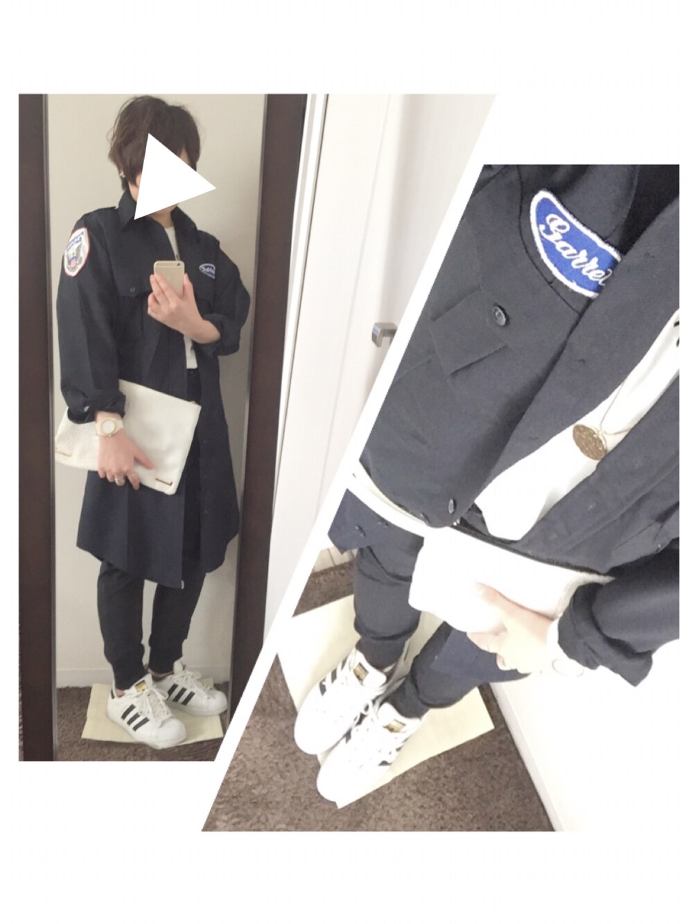 ホワイト系のスニーカー、ホワイト系のTシャツ/カットソー、ホワイト系のクラッチバッグを着用したレディースの春コーディネートの1枚目の写真