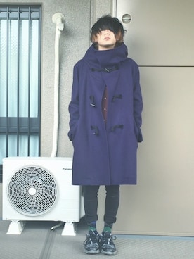 「アイテム（ダッフルコート、パープル系）」を使った、りょーたさん（メンズ・169cm）の冬コーディネート