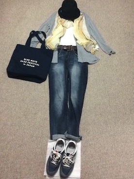 「ボーイフレンドデニム」｜「アイテム（ノーカラージャケット）」を使った、ばぼびさん（レディース・160cm）の秋コーディネート
