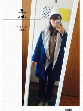 「GU（ジーユー）のアイテム（ニットキャップ/ビーニー、ホワイト系）」を使った、r!!chanさん（レディース・156cm）の冬コーディネート