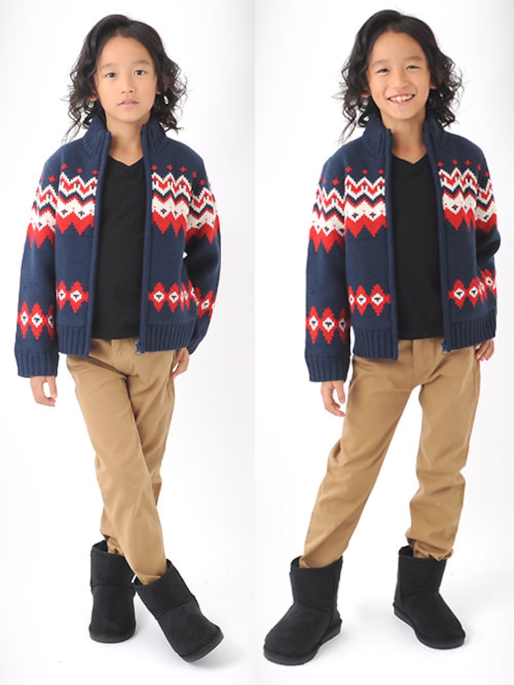 ブラック系のTシャツ/カットソー、ブラック系のブーツ、ベージュ系のチノパンツを着用したキッズの秋コーディネートの1枚目の写真