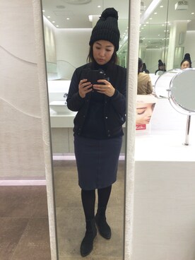 「スウェットスカート」｜「アイテム（スタジャン）」を使った、森田文菜さん（レディース・163cm）の秋コーディネート