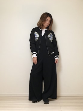 「つなぎ」｜「アイテム（ブルゾン）」を使った、森田文菜さん（レディース・163cm）の春コーディネート