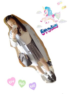 「ギンガムサーキュラー
（スカート、ブラック系）」を使った、うにさん（レディース・156cm）の春コーディネート