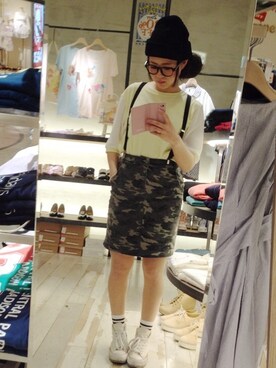 「袖シフォンワッフルプルオーバー
（Tシャツ/カットソー、イエロー系）」を使った、うにさん（レディース・156cm）の春コーディネート