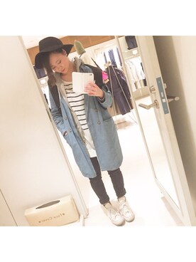 「RETRO GIRL（レトロガール）のアイテム（チェスターコート、ブルー系）」を使った、うにさん（レディース・156cm）の春コーディネート