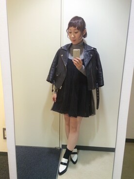 「ヒール×靴下」｜「アイテム（ライダースジャケット）」を使った、chiharu さん（レディース・150cm）の冬コーディネート