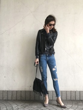 「フリンジバッグ」｜「アイテム（ライダースジャケット）」を使った、To oＯoＯさん（レディース・171cm）の秋コーディネート