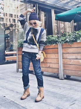 「G-（ジー）のアイテム」を使った、YOUKO CHINさん（レディース・159cm）の秋コーディネート