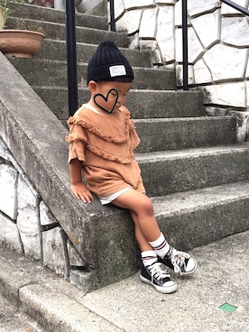 「しまむら（シマムラ）のアイテム（ニットキャップ/ビーニー、ブラック系）」を使った、はるぼーさん（キッズ・120cm）の夏コーディネート