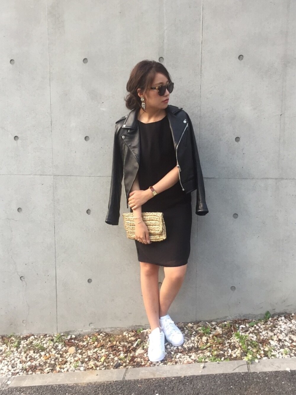「TODAYFUL、ライダース、LIFE's#203」｜「TODAYFULのミドルシフォンワンピース（ワンピース、ブラック系）」を使った、Piさん（レディース・165cm）の春コーディネートの1枚目の写真