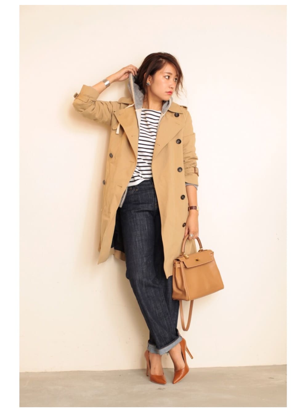 「トレンチコート、ボーダー、パーカー、ヒール」｜「TODAYFULのトレンチコート（トレンチコート、ベージュ系）」を使った、Piさん（レディース・165cm）の秋コーディネートの1枚目の写真