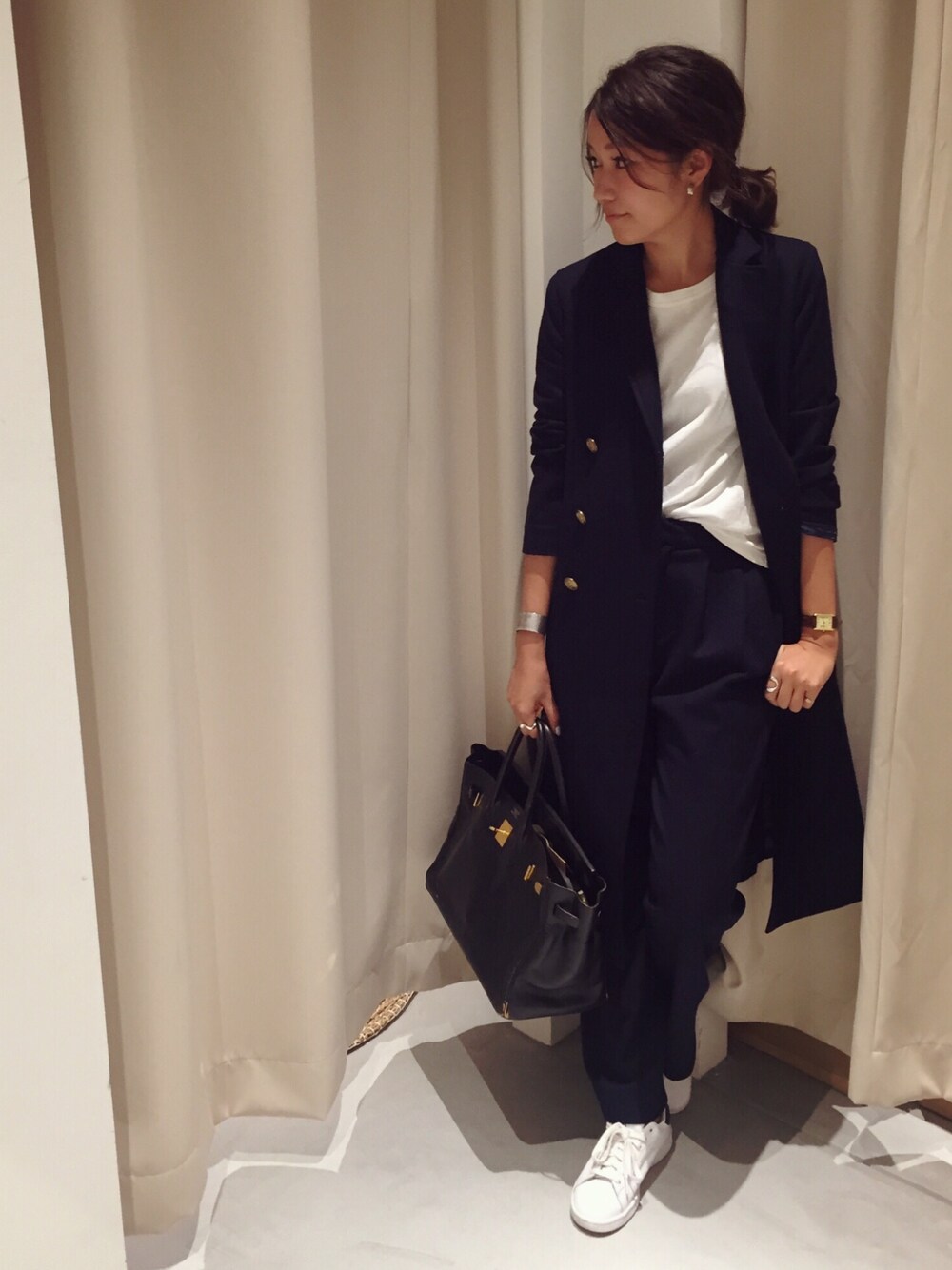 「セットアップ、TODAYFUL、LIFE's」｜「TODAYFULのダブルロングコート（チェスターコート、ブルー系）」を使った、Piさん（レディース・165cm）の秋コーディネートの1枚目の写真