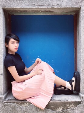 「planet（planet）のアイテム（Tシャツ/カットソー）」を使った、劉桂彣さん（レディース・160cm）の夏コーディネート