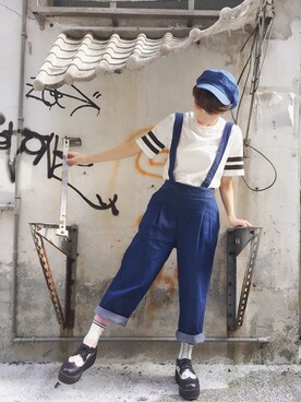 「planet（planet）のアイテム（サロペット/オーバーオール）」を使った、劉桂彣さん（レディース・160cm）の夏コーディネート