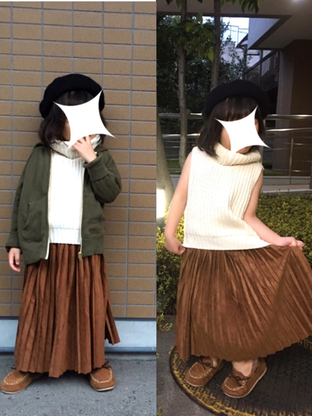 「おんなのこ、秋のコーデ、キッズコーデ、プリーツスカート、パーカー、タートルネック、ベレー帽、モカシン」｜「petit mainの金色ファスナー無地ジップアップパーカー（パーカー、グリーン系）」を使った、kahoooさん（キッズ・100cm）の秋コーディネートの1枚目の写真