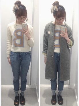 「白ニット」｜「アイテム（ポンチョ）」を使った、Fuukaさん（レディース・165cm）の冬コーディネート