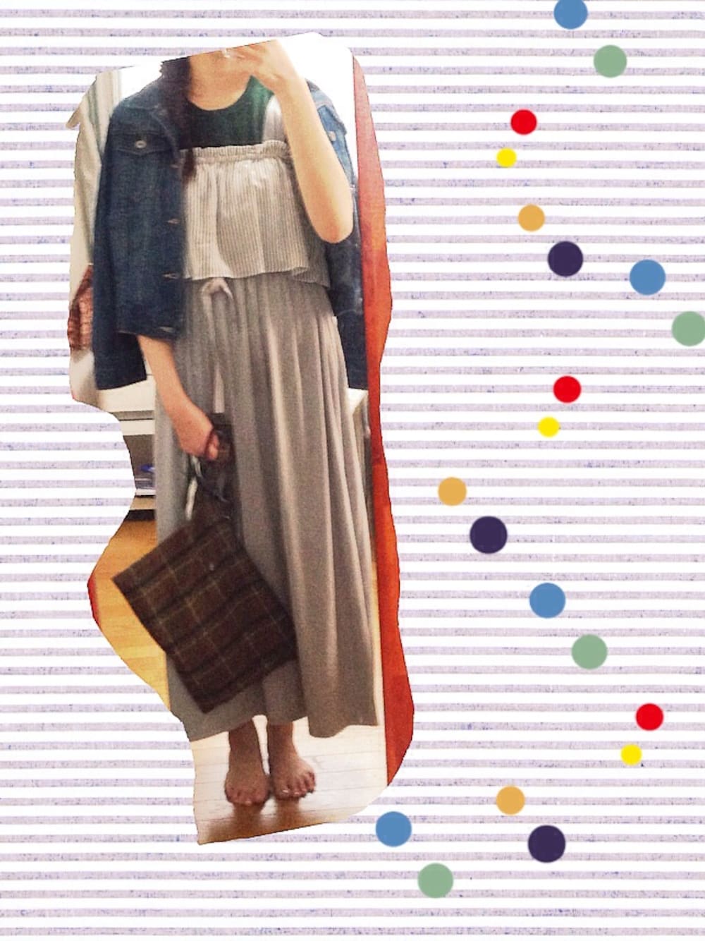 「Aラインワンピース、マキシ丈ワンピース」｜「MINIMUMのシフォンストライプマキシワンピース（ワンピース、グレー系）」を使った、asaMi◡̈⃝⋆*さん（レディース・162cm）の秋コーディネートの1枚目の写真
